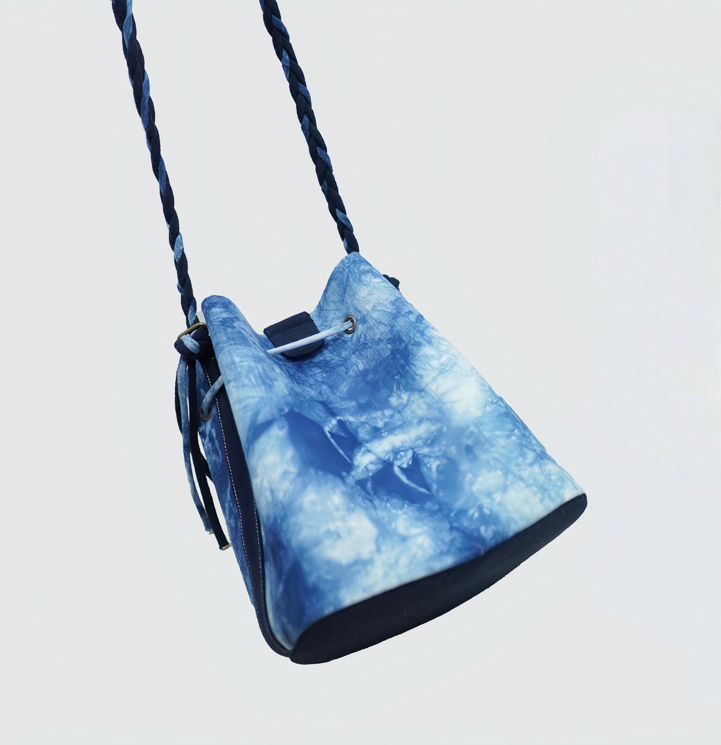 Linen Indigo Plant-Dyed Bucket Bag with Magnetic Drawstring | Handcrafted Eco-Friendly Large Capacity Crossbody