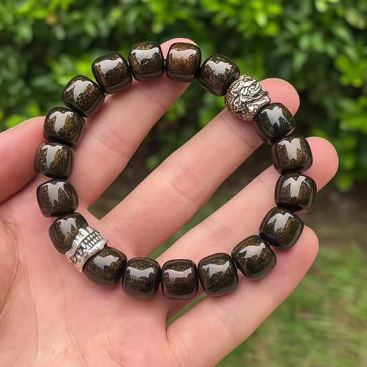 Black-Gold “Crackle” Lacquer Bead Bracelet | 18 Beads | Silver Accents