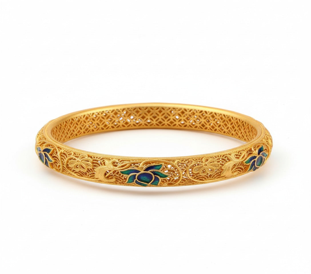 Vintage Chinese silver filigree bracelet inspired by the blue lotus, handmade silver jewelry blending oriental art and modern design.