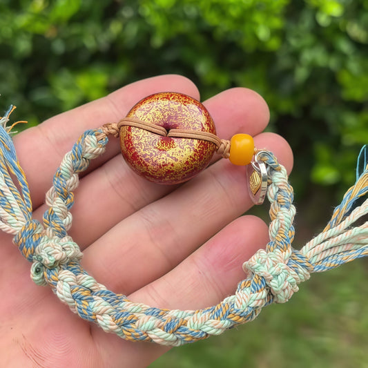 Handmade Red-Gold Xipi Lacquer “Peace Amulet” Bracelet | Adjustable Woven Cord | Oriental Talisman Jewelry