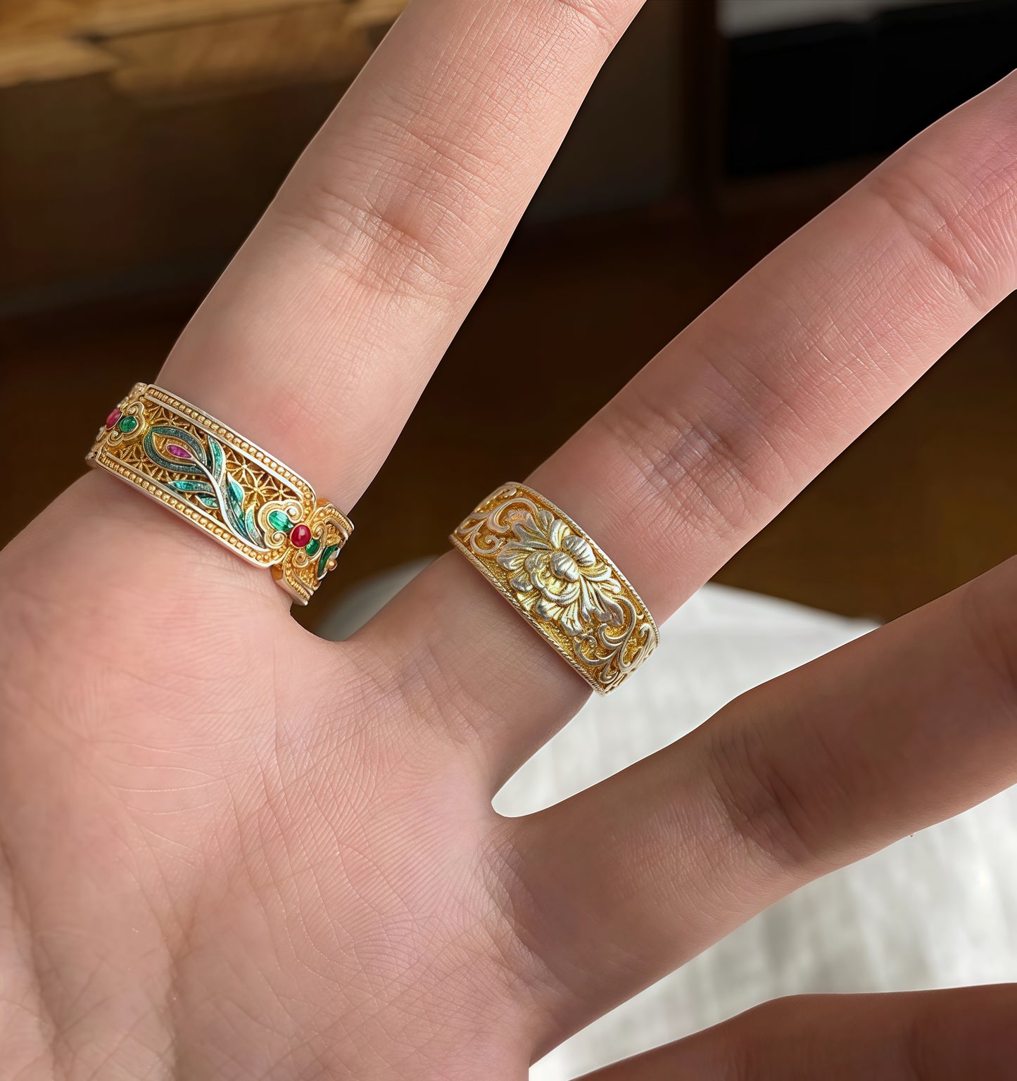 Vintage Chinese silver filigree ring with chrysanthemum relief carving, semi-handmade sterling silver jewelry symbolizing resilience and purity.
